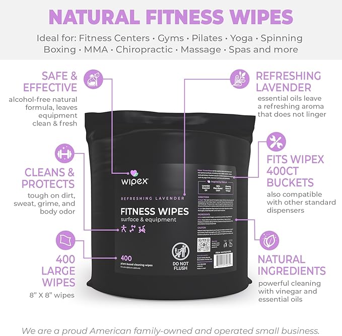 Wipex Gym Wipes Bucket Refill – Plant-based Fitness Equipment Wipes, Lavender and Vinegar to Clean Surfaces, Safe Yoga Mat Cleaner, Gym Cleaner and Peloton 400 Count (Pack of 1)
