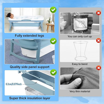 56" Portable Bathtub for Adult, No Installation, Foldable Tub for Shower, Folding Collapsible Bathtub Soaking Tub for Bathroom, Ergonomically Designed for The Ultimate Relaxing Soaking Bath Blue