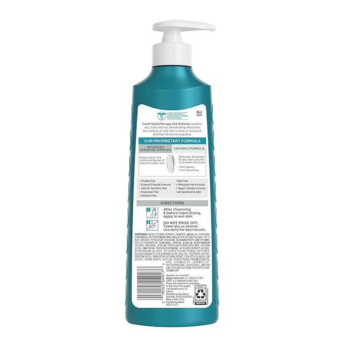 Curel Itch Defense In Shower Lotion for Sensitive and Dry Skin, Hydra Therapy Body Lotion with Vitamin E, Fast-Absorbing Ceramide Moisturizer, Repairs Moisture Barrier, Unscented, 12 Oz (Pack of 2)