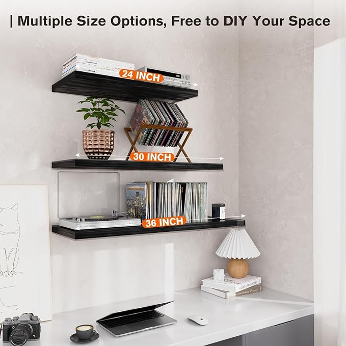 Wall Shelf Set of 3,Dark Wood Floating Shelves 24 in W x 10 in D x 1 in H, Wooden Floating Wall Shelf with Invisible Brackets for Living Room/Bedroom/Bathroom/Kitchen Storage and Decor