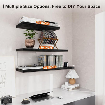Wall Shelf Set of 3,Dark Wood Floating Shelves 30 in W x 10 in D x 1 in H, Wooden Floating Wall Shelf with Invisible Brackets for Living Room/Bedroom/Bathroom/Kitchen Storage and Decor