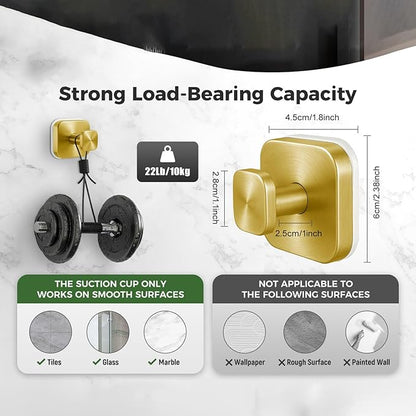 2Pcs Square Suction Cup Hook, 304 Stainless Steel Shower Hook, Removable Suction Cup Knob for Shower, Bathroom, Kitchen, Glass Door, Mirror (Gold)