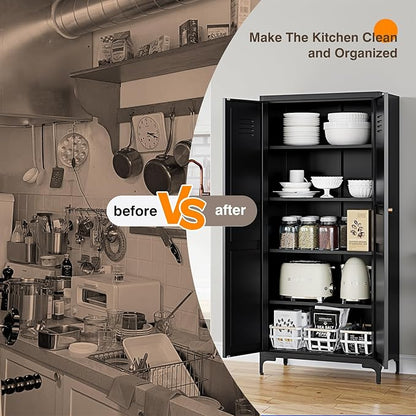 Yizosh Metal Pantry Cabinet,Tall Kitchen Pantry Storage Cabinet with Doors and Adjustable Shelves - 61" Black Cupboard Cabinet for Kitchen, Living Room,Dining Room,Home