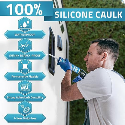 PAULINN Silicone Caulk White, 100% Silicone Sealant Waterproof for RV, Kitchen, Bath, General Use, Window, Door, Glass, Marine, 10.2 Oz, 4 Packs