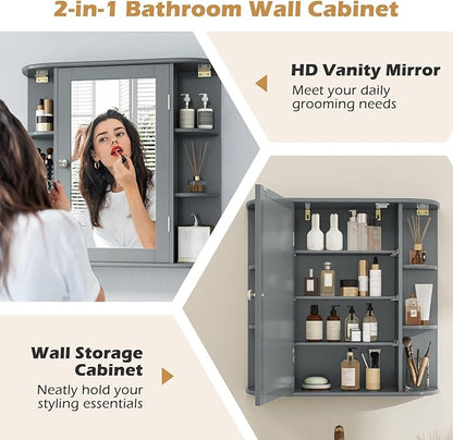 RELAX4LIFE Bathroom Wall Cabinet with Mirror - Medicine Cabinet w/Door & Open Shelves, Over The Toilet Storage Cabinet Organizer, Mirrored Bathroom Cabinet Wall Mount (Grey)