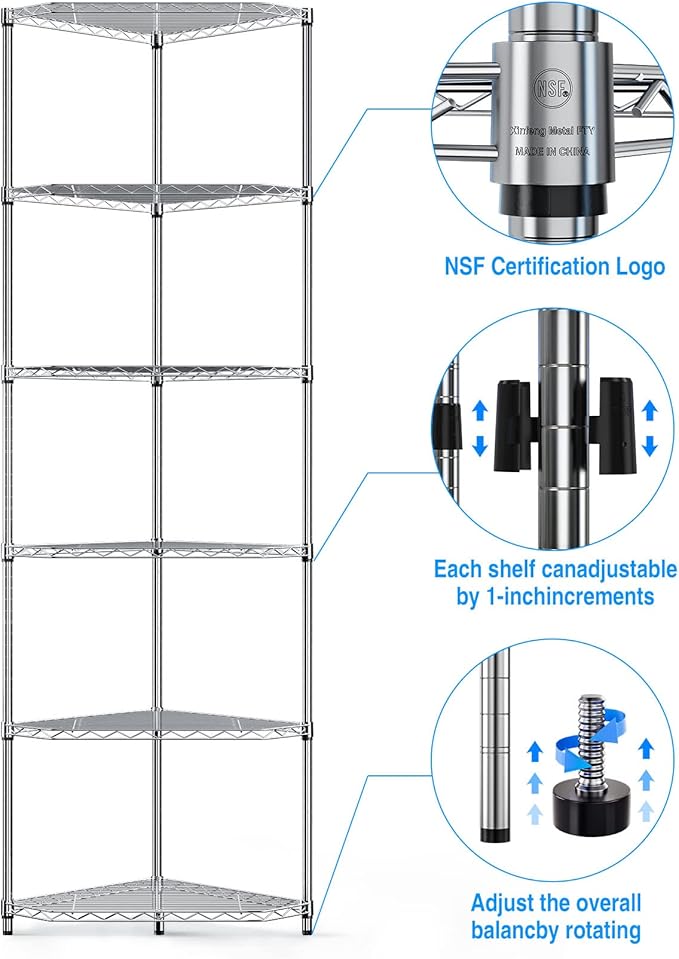 Silver 6 Tier NSF Metal Pentagonal Corner Wire Shelving Units, 600lbs Storage Rack with Feet for Kitchen, Utility Room, Warehouse, 72" H x 20" L x 20" W