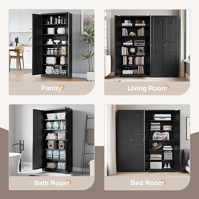 Yizosh Metal Storage Cabinet with 2 Doors and 5 Adjustable Shelves - 71" Black Kitchen Pantry Storage Cabinet, 5-Tier Tall Steel Cabinet Locker for Kitchen, Living Room, Dining Room