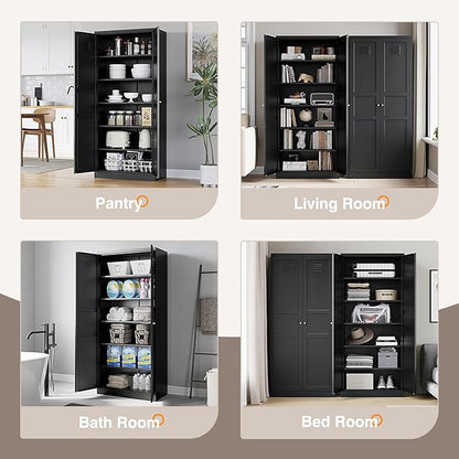 Yizosh Metal Storage Cabinet with 2 Doors and 5 Adjustable Shelves - 71" Black Kitchen Pantry Storage Cabinet, 5-Tier Tall Steel Cabinet Locker for Kitchen, Living Room, Dining Room