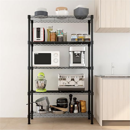 5 Tier Storage Racks Shelving, Heavy Steel Pantry Shelves, Adjustable Wire Shelving Rack, Suitable for Garage, Kitchen, Bathroom, Office, 35" W x 14" D x 71" H, Black