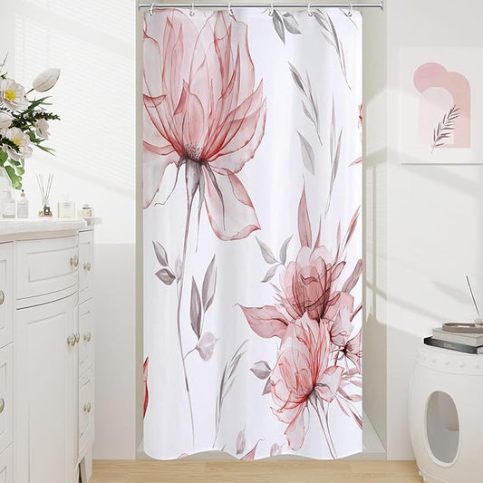 Small Stall Boho Watercolor Floral Shower Curtain 36 x 72, Red and Grey Ink Painting Style Flower Shower Curtains for Chic Elegant Bathroom, Artistic Narrow Half Size Shower Curtain