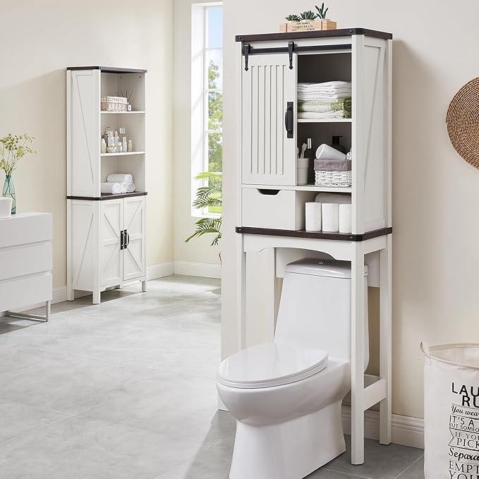 Over The Toilet Storage Cabinet, Farmhouse Storage Cabinet with Adjustable Shelves and Sliding Barn Door, Free Standing Over Toilet Bathroom Organizer (Antique White)