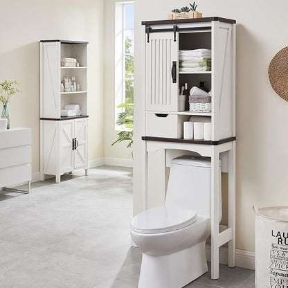 Over The Toilet Storage Cabinet, Farmhouse Storage Cabinet with Adjustable Shelves and Sliding Barn Door, Free Standing Over Toilet Bathroom Organizer (Antique White)
