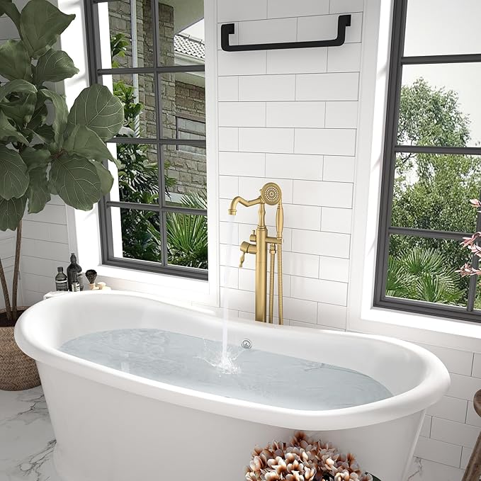 Hoimpro Free Standing Tub Faucet Freestanding Tub Filler Bathtub Faucet Stand Alone Floor Mounted Bathtub Faucet Set Handheld Sprayer Brass Brushed Gold