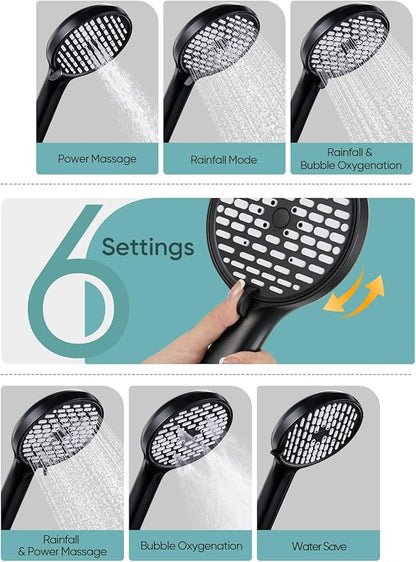 Cobbe 11.8 Inch Rain Shower Head with 6 Modes Handheld Water Spray，High Pressure Showerhead Combo with 11 Inch Adjustable Extension Arm, Black