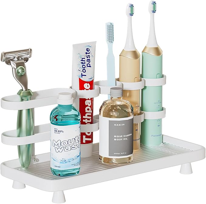 Electric Toothbrush Holder for Bathroom Countertop 5 Metal Slots Toothpaste Razor Mouthwash Organizer, White