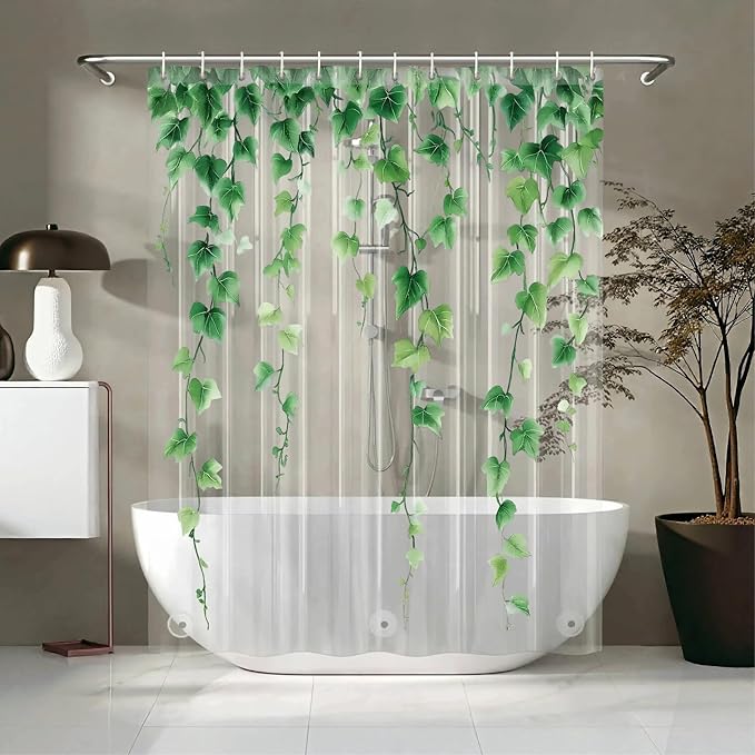 Clear Green Ivy Leaves Shower Curtain Liner, Transparent Plastic Nature Green Botanical Leaf Decorative Waterproof Shower Curtains for Bathroom, 72x72 Weighted Magnetic Shower Curtain Liner with Hooks