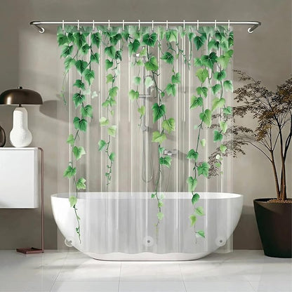 Clear Green Ivy Leaves Shower Curtain Liner, Transparent Plastic Nature Green Botanical Leaf Decorative Waterproof Shower Curtains for Bathroom, 72x72 Weighted Magnetic Shower Curtain Liner with Hooks