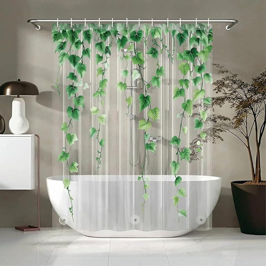 Clear Green Ivy Leaves Shower Curtain Liner, Transparent Plastic Nature Green Botanical Leaf Decorative Waterproof Shower Curtains for Bathroom, 72x78 Weighted Magnetic Shower Curtain Liner with Hooks