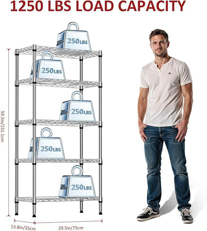 IZEUK 5-Tier Chrome Metal Storage Shelves, Heavy Duty Wire Shelving Unit for Kitchen, Office, Garage, or Home Organization, 1250 lbs Capacity, 13.8" D x 29.5" W x 59.5" H