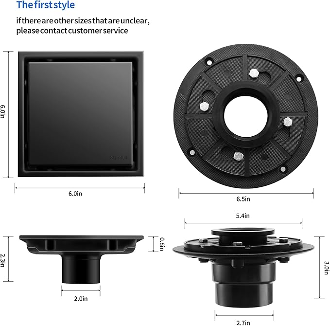 Hidden Brushed Square Shower Floor Drain, Black 6 inch, 304 Stainless Steel, with Flange, Detachable Cover Embedded in Ceramic Tiles