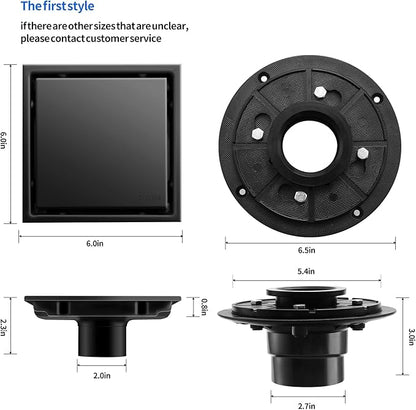 Hidden Brushed Square Shower Floor Drain, Black 6 inch, 304 Stainless Steel, with Flange, Detachable Cover Embedded in Ceramic Tiles