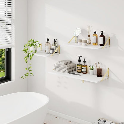 Dreamland Gold Shelves for Wall, White Wood Wall Mounted Shelves, Large Floating Shelf 12 * 24 inch Set of 2 for Bookshelf Living Room Bedroom Home Office Bathroom