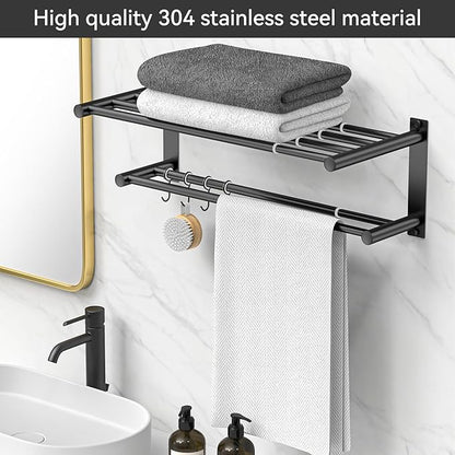 Black Adjustable Black Towel Bar for Bathroom Wall Mount17-30.7inch Adhesive Shower Towel Rack Stainless Steel Bath Towel Holders for Toilet Kitchen Double Towel Hanger
