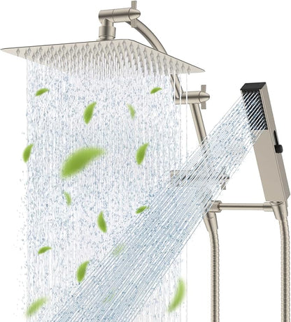 Hibbent All Metal CUPC Certified 10'' Rainfall Shower Head, Dual Shower Head Combo, High Pressure Handheld 4 Sprays Shower Wand, 16'' Adjustable Extension Arm, 71'' Hose, Shower Holder, Brushed Nickel