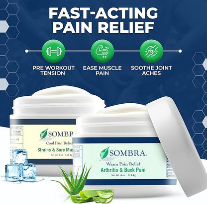 Sombra Warm & Cool Pain Relief Gel, Warm Relief for Arthritis and Chronic Pain Pre-Workout Muscle Rub, Cold for Swelling, Soreness, Post-Workout, Free of Artificial Fragrances, 4oz Per Jar