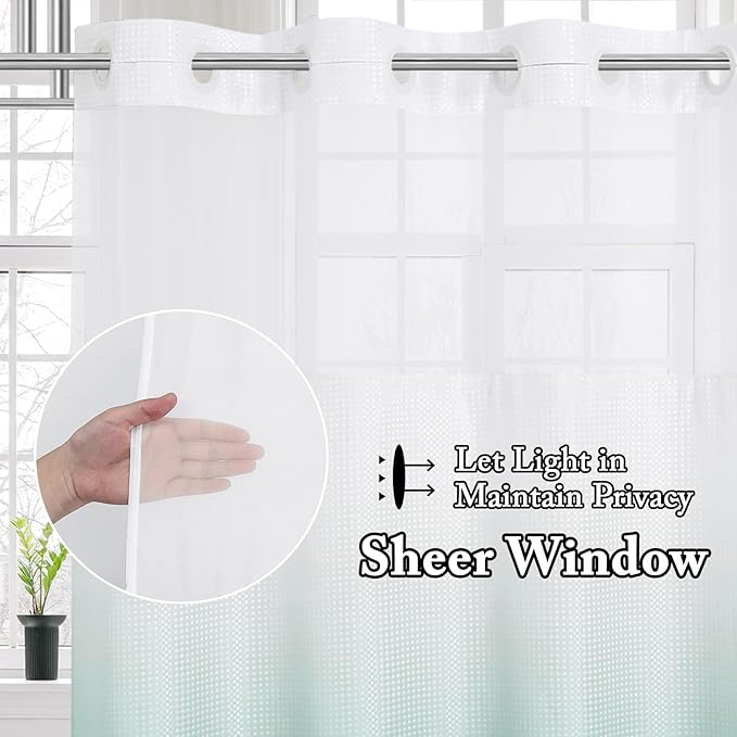 Gibelle No Hook Waffle Weave Shower Curtain with Snap-in Fabric Liner Set for Bathroom, Hotel Style with Mesh Top Window, Waterproof & Washable, Ombre Teal, 72x74
