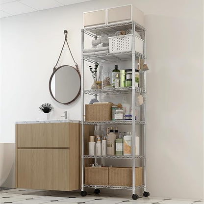 6 Tier Storage Racks Shelving, Heavy Steel Pantry Shelves, Adjustable Wire Shelving Rack with Wheels, Suitable for Garage, Kitchens, Offices, 24" W x 14" D x 72" H, Grey Silver