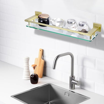 LANC Gold Bathroom Shelf Glass Shelves 20-Inch Floating Tempered Glass Shelf Rectangular Modern Stainless Steel Wall Mounted Cologne Shelves for Men Shower Bathroom Kitchen Organizers，A7613BG