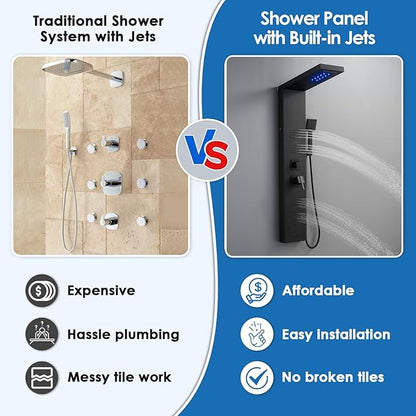 ROVOGO 46.5"H x 7.8"W Shower Panel Tower System with LED Lights, Rainfall Waterfall Shower Head, 4 Body Jets, Handheld Shower and Tub Spout, Stainless Steel Shower Column, Black