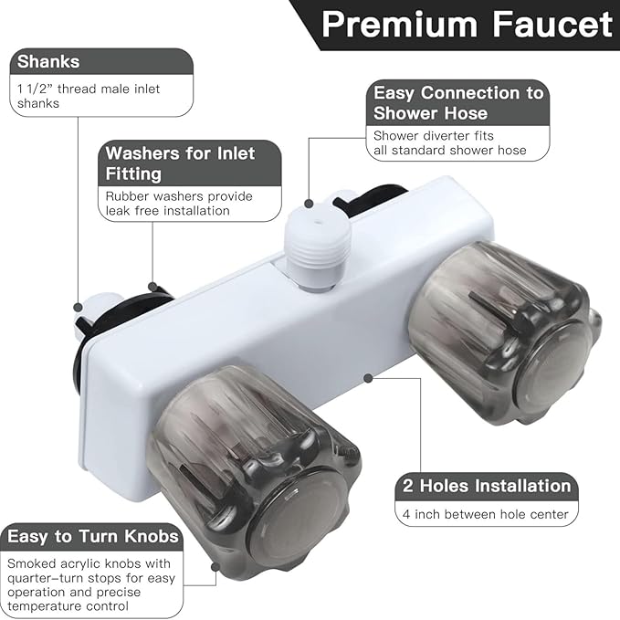 RV Shower Faucet, Camper Shower Faucet Replacement, with 2 knobs 4 Inches Outdoor Faucet use for Mobile outside Van Travel Trailer Motorhome Bathroom and Boat, White
