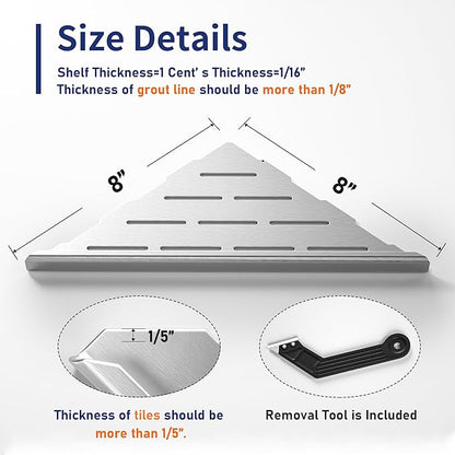 8'' Corner Shower Shelf 2PCS, 304 Stainless Steel Recessed Bathroom Shelves for Tiled Wall, Grout in Shelf, No Drilling Needed (8'', Silver)