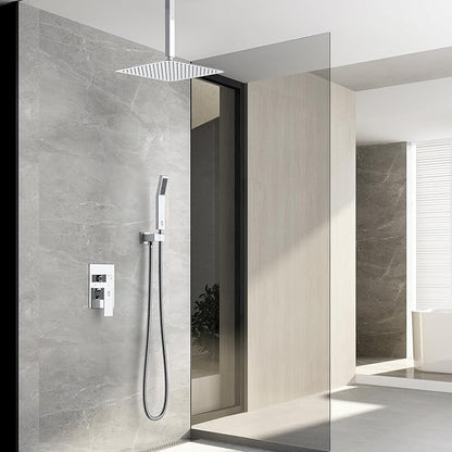 SR SUN RISE 12 Inch Ceiling Mounted Shower System Rain Mixer Combo Set Rainfall Shower Head System Faucet Trim Repair Kits Polished Chrome Rough-in Valve Body and Trim Included