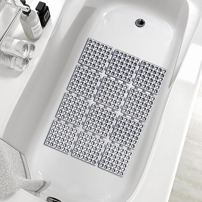 Shower Mat Non Slip，24"X24" Bathtub Mat Non Slip Square Shower Mats for Inside Shower with Drain Holes Suction Cups, Quick Drain, TPE Shower Floor Mat for Elderly & Kids (D-Grey)