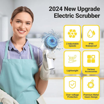 Electric Spin Scrubber, 2000 mAh Cordless Power Scrubber with 4 Replaceable Heads, 2 Speeds Portable Scrubber for Cleaning Sink/Stove/Corner/Tile/Grout/Bowl (White)