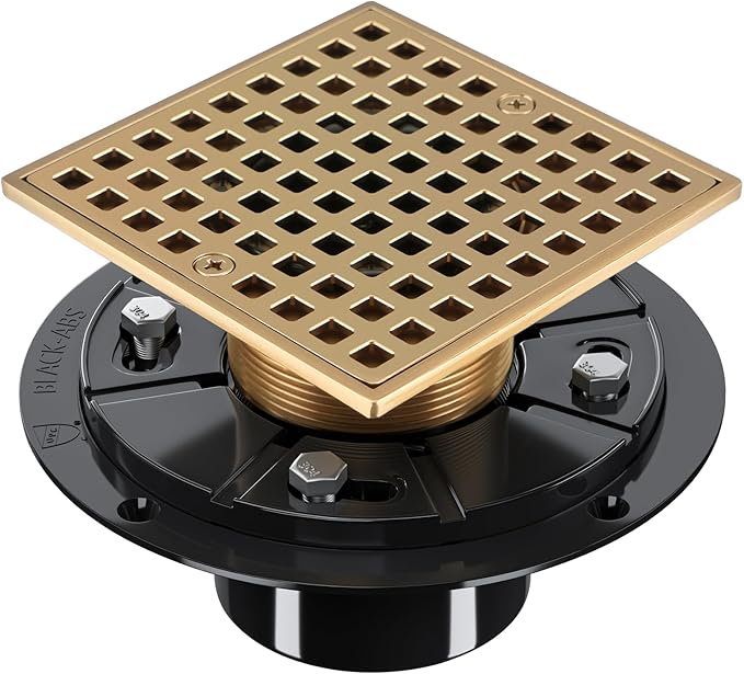 Champagne Bronze Shower Drain 4-1/4 Inch - Square Shower Floor Drain Kit with ABS Flange for 2" or 3" Pipe, Drain with Hair Strainer,Removable Strainer Cover,SUS304 Stainless Steel & CUPC Certified