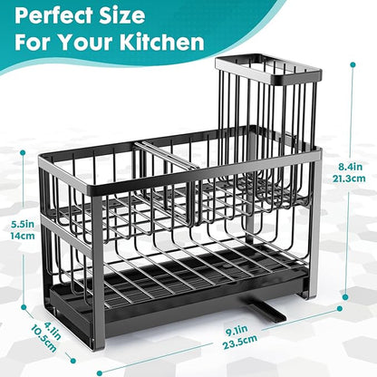 Sinnsally Kitchen Sponge Holder,2 Tier Sink Caddy Organizer with High Brush Holder,Stainless Steel Sink Box Dish Scrubber Holder,Soap Tray for Kitchen Counter Accessories & Storage Rack (Black)