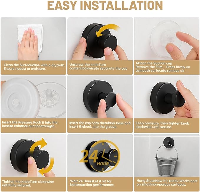 4Pcs New Model No-Drill Suction Cup Hooks for Door Wreaths, Wreath Hangers for Front Door, Suction Cup Hooks for Shower, Removable, Waterproof & Rustproof (Black)