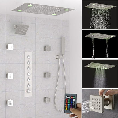 24x32 LED Dual Head Shower System 24"x32" Ceiling Mount Shower Head Thermostatic Shower System Rainfall Shower Set with 6 Inches Shower Head and 6 Body Jets High Pressure Shower Handheld