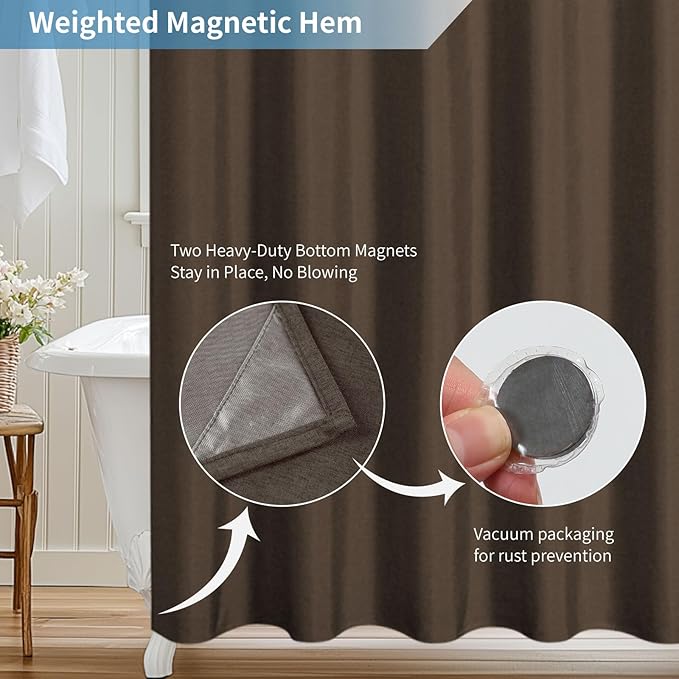 2-in-1 Waterproof Fabric Shower Curtain or Liner,Linen Textured,Breathable TPU & Washable Bathroom Shower Curtain Set with 12 Plastic Hooks,Modern,72"x72" Brown