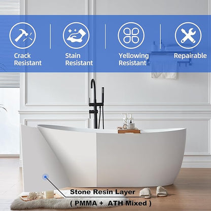 Cpingao 63" Stone Resin Solid Surface Freestanding Bathtub, Modern Stand Alone Soaking Tub with Overflow and Pop Up Drain, One-Piece Molding Matte White 8828-1600