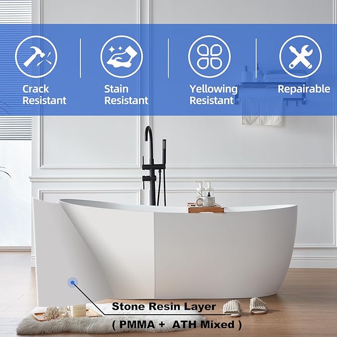 Cpingao 59" Solid Surface Freestanding Bathtub, Contemporary Oval Stone Resin Stand Alone Soaking Tub with Overflow and Pop Up Drain, One-Piece Molding Matte White 8828-1500