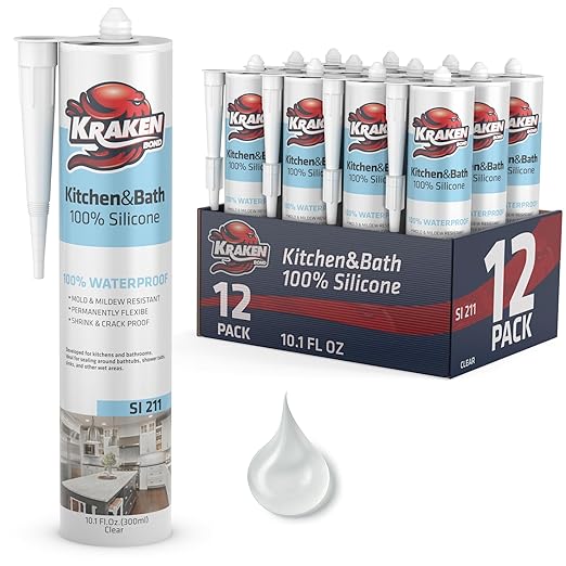 Kraken Bond Premium Kitchen and Bathroom Silicone Caulk Clear - (12x10.1 fl.oz) RTV Clear Silicone Sealant Waterproof for Kitchen, Bathroom, Shower, Sink, Anti Shrink 100% Silicone Caulking | 12 Pack