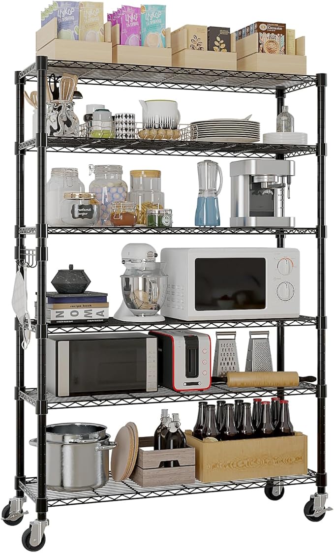 6 Tier Storage Racks Shelving, Heavy Steel Pantry Shelves, Adjustable Wire Shelving Rack with Wheels, Suitable for Garage, Kitchens, Bathroom, Offices, 46" W x 17.7" D x 82" H, Black