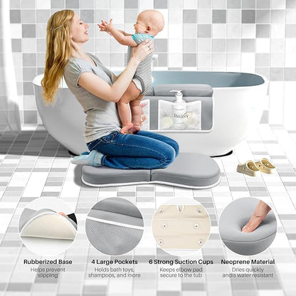 Bath Kneeler and Elbow Rest Pad Set, 1.6'' Extra Thick Bath Support for Knees and Elbows, Memory Foam Bath Mat with Toy Organizer Pockets, Quick-Dry Kneeling Pad for Bathing Baby Grey