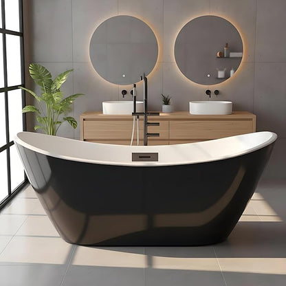 Freestanding Bathtub 59 Inch – Compact Free Standing Bath Tub with Integrated Overflow & Pre-Installed Pipe, Exterior Black Interior White, Apartment Bathroom Soaking Tub for Small Spaces