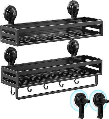 Shower Caddy Suction Cup, 15.8 inch 2 Pack Suction Shower Shelf with Hooks NO-Drilling Bathroom Holder, Rustproof Bathroom Organizer, Black,Includes 2 Extra Suction Cups for Replacement Use